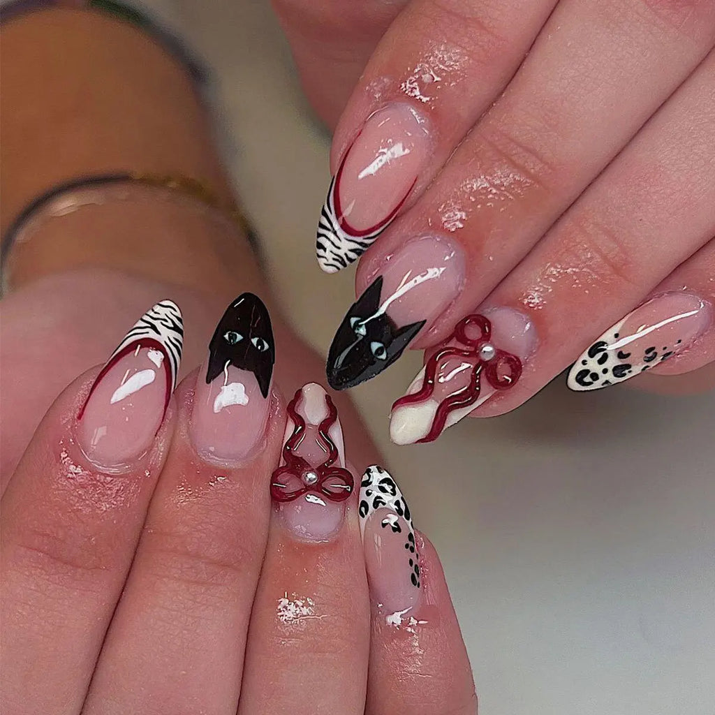 24PCS Medium Almond Press On Nails Wine Red Cute Cartoon Rabbit Bowknot Plaid Pearl False Nails Kawaii Nails Full Cover Wearable