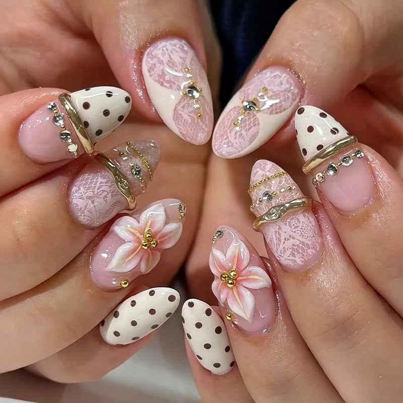 24PCS Pink Almond Press on Nails Full Cover Carved Flower 3D Ripples French Fake Nails for Women with Golden Pearl Wearable Nail