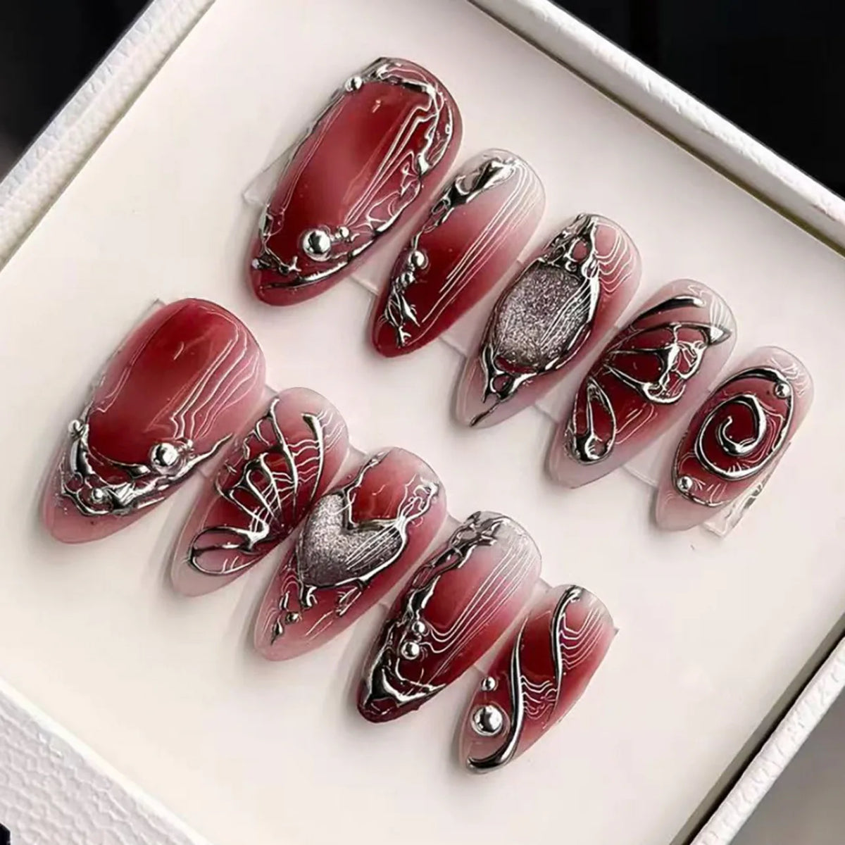 24pcs Sweet & Edgy Metallic Fake Nails 3D Silver-Plated Heart Gradient Press on Nail Almond Full Coverage Nail for Women&Girl