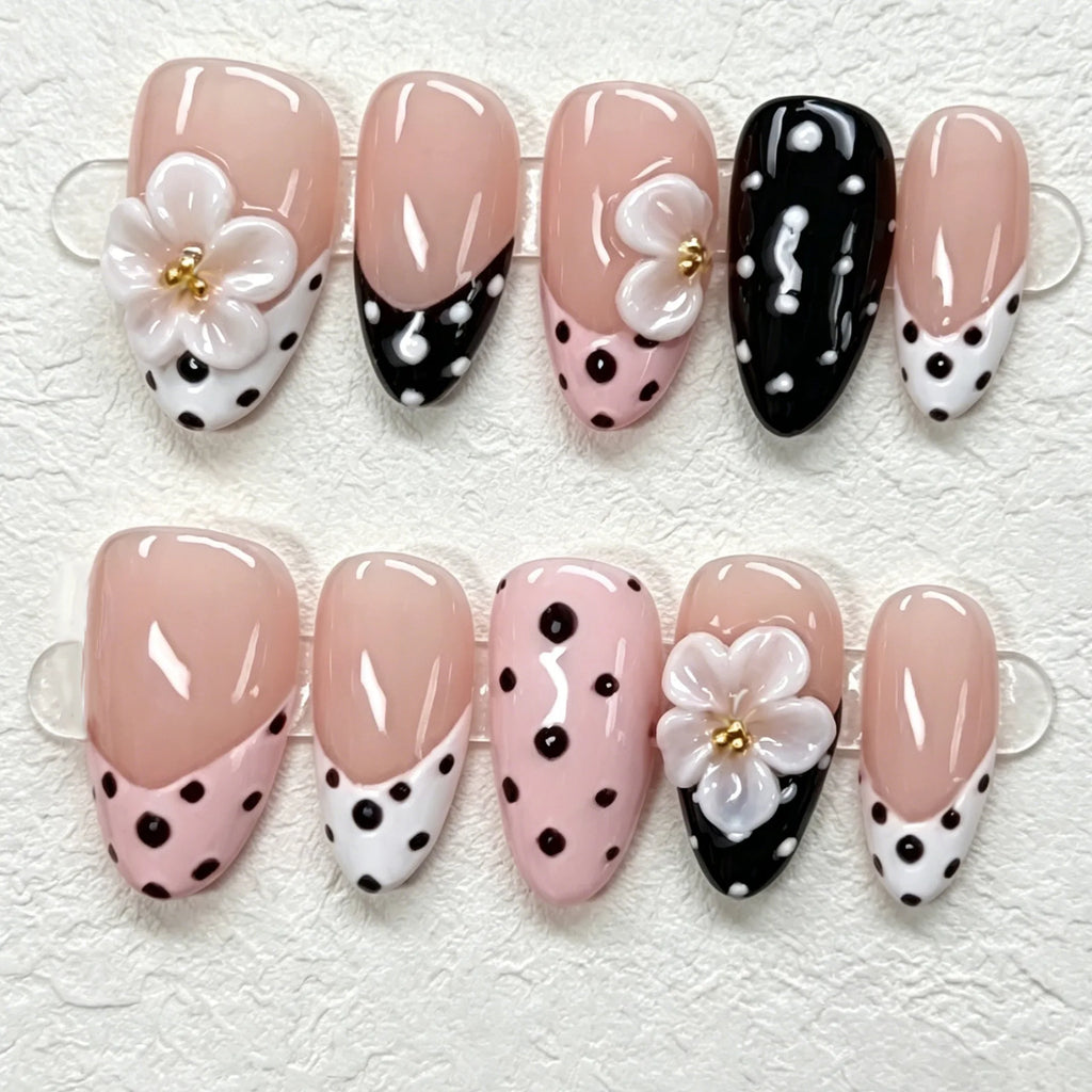 24PCS Pink Almond Press on Nails Full Cover Carved Flower 3D Ripples French Fake Nails for Women with Golden Pearl Wearable Nail