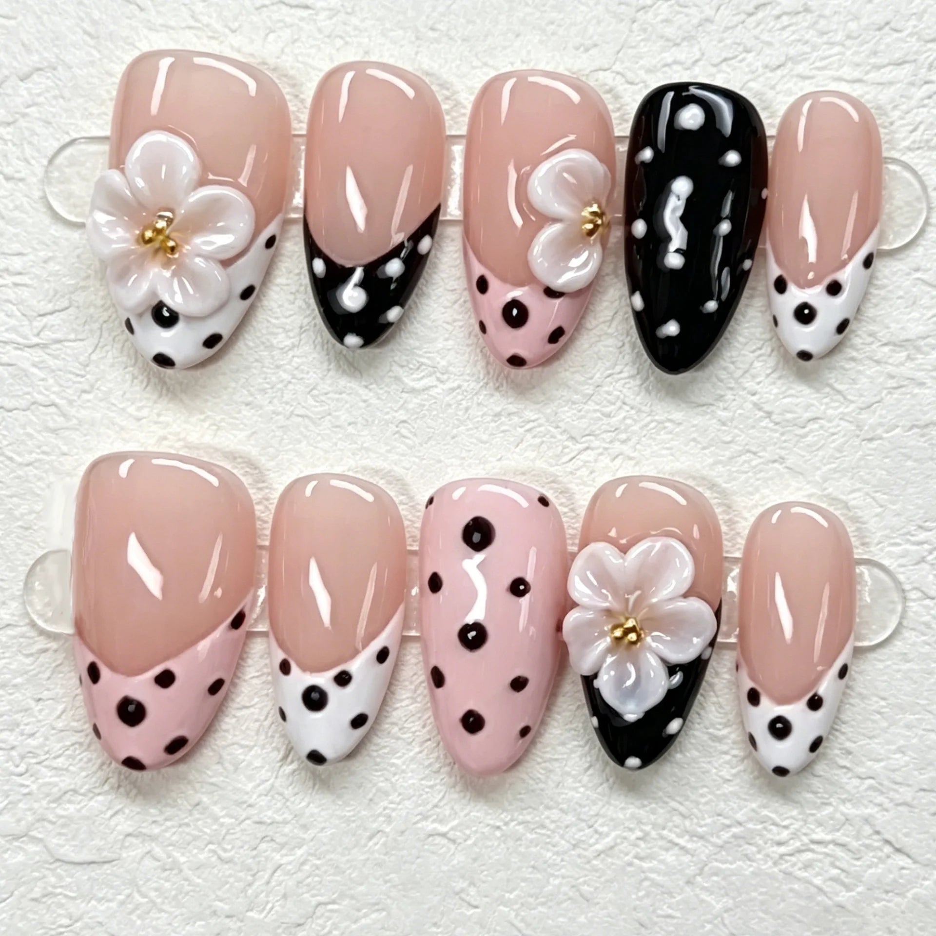 24PCS Pink Almond Press on Nails Full Cover Carved Flower 3D Ripples French Fake Nails for Women with Golden Pearl Wearable Nail