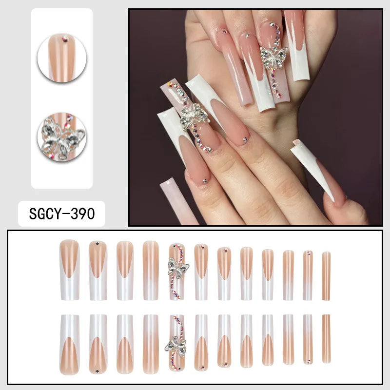 24 piezas de uñas postizas ultra largas con forma de ataúd, con diseño francés, degradado y flores, mariposa 3D, puntos, diamantes y acabado brillante.