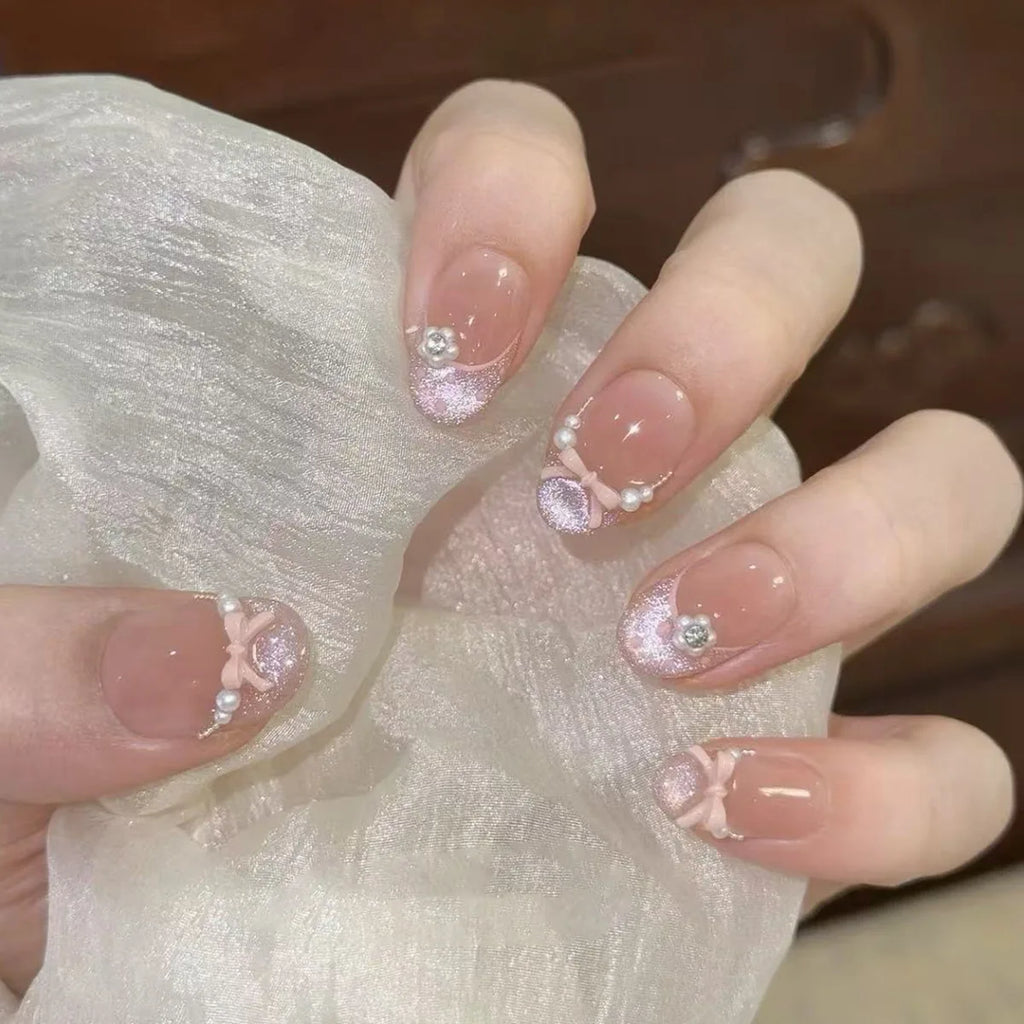 White French Press on Nails 3D Bowknot Fake Nails Tips Full Cover Wearable False Nails for Women and Girls DIY Manicure 24Pcs