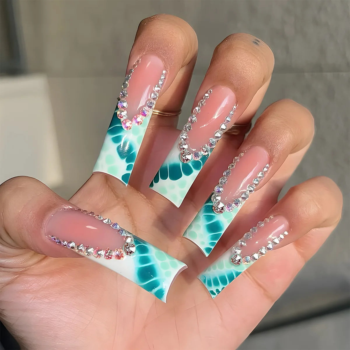 24Pcs Long Square Press on Nails Leopard Print French 3D Cherry Design False Nail Rhinestone Wearable Full Cover Fake Nails Tips