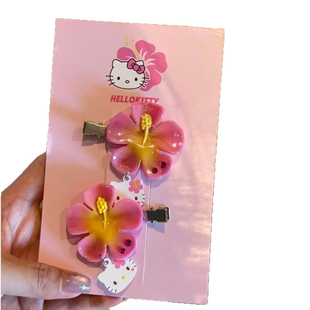 Kawaii Sanrio Hello Kitty Flower Hair Clips Set Pink Hibiscus Hair Pins Sweet Summer Hair Accessories for Women Girls