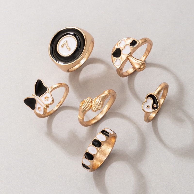 Black Tai Chi Butterfly Mushroom Love Element 6 Piece Rings
