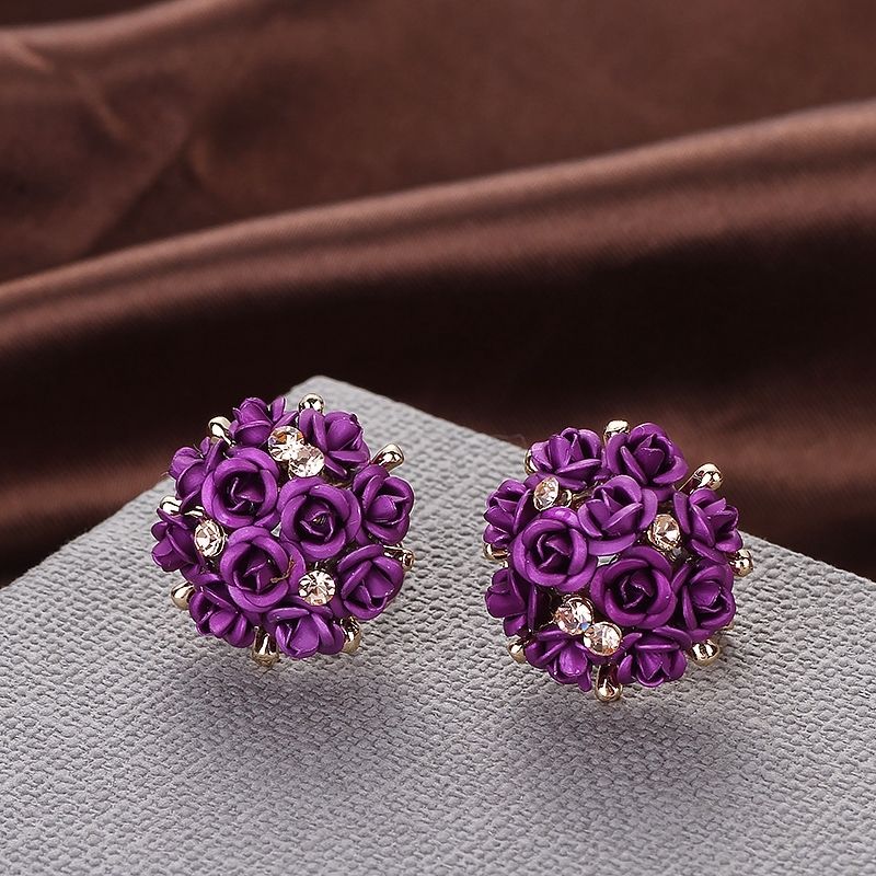 Fashion Blue Black Round Bouquet Crystal Rose Gold Wedding Flower Rhinestone Stud Earrings For Women Jewelry Earring Set