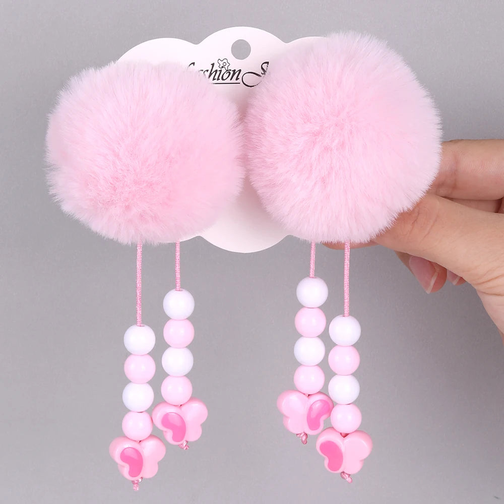2Pcs Pom-Pom Hairpins Cute Fluffy Ball Hair Clips With Butterfly Beads Dangle Barrette For Girls Children Headwear Accesories