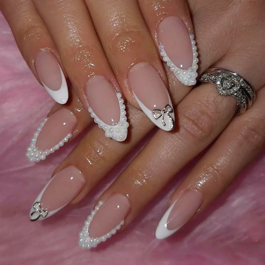 White French Press on Nails 3D Bowknot Fake Nails Tips Full Cover Wearable False Nails for Women and Girls DIY Manicure 24Pcs