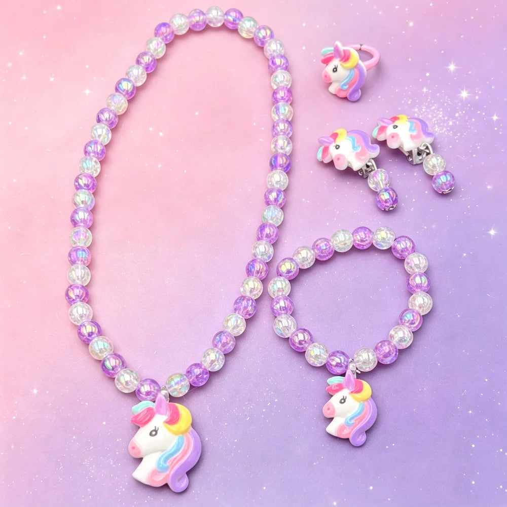 1 Set Handcrafted Unicorn Kids Beaded Jewelry set Cute Animal Necklace Bracelet Ring and Hair Clips Set for Little Princess Gift
