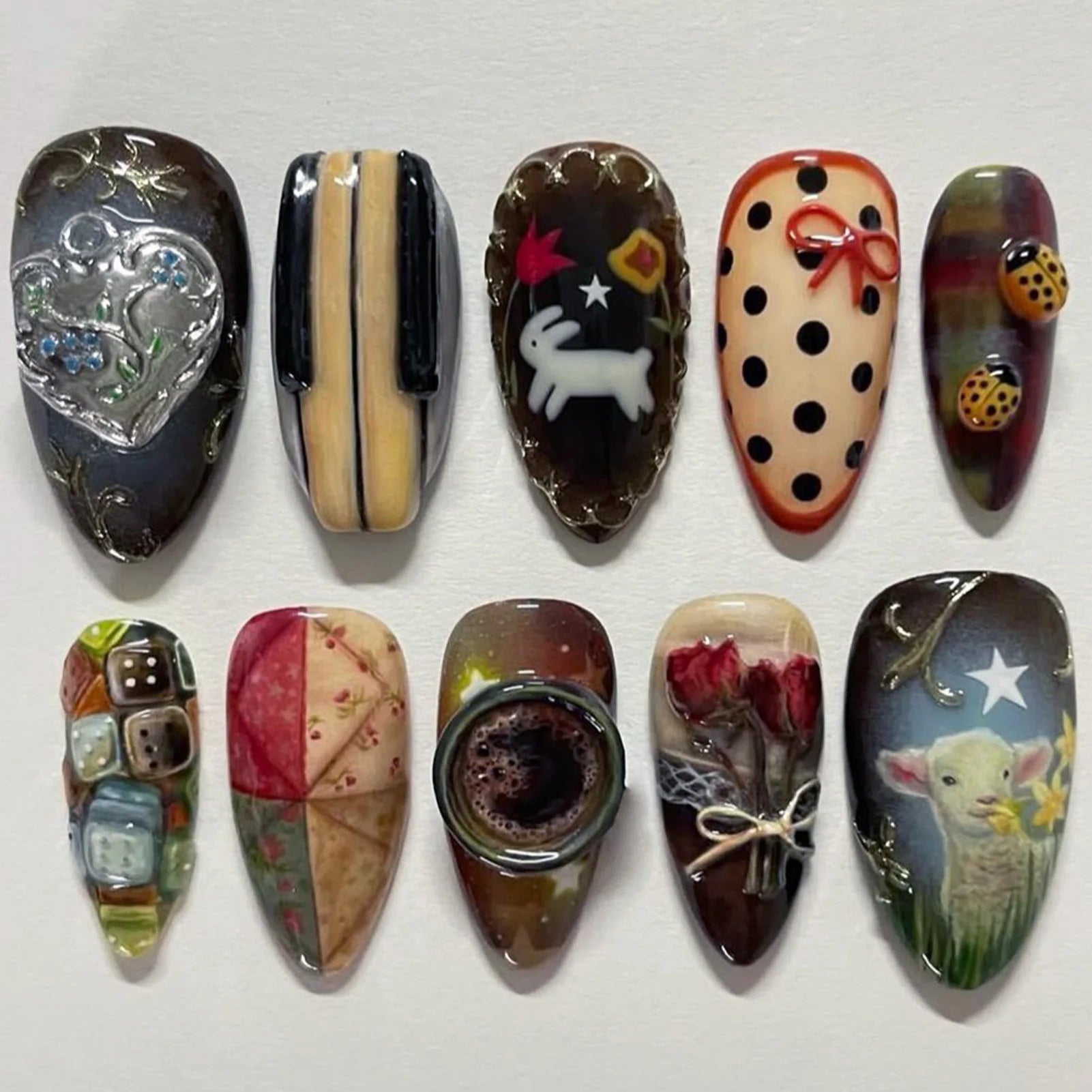 24pcs Star Moon Style Fake Nails White Swan Bowknots Flower Pattern Printed Press On Nails Gradient Black Almond Y2k False Nail