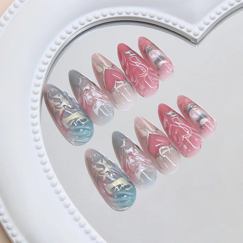 24pcs Sweet & Edgy Metallic Fake Nails 3D Silver-Plated Heart Gradient Press on Nail Almond Full Coverage Nail for Women&Girl