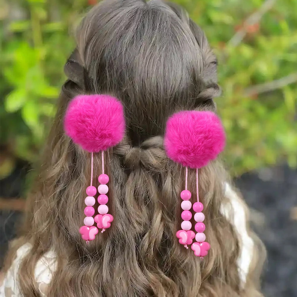 2Pcs Pom-Pom Hairpins Cute Fluffy Ball Hair Clips With Butterfly Beads Dangle Barrette For Girls Children Headwear Accesories