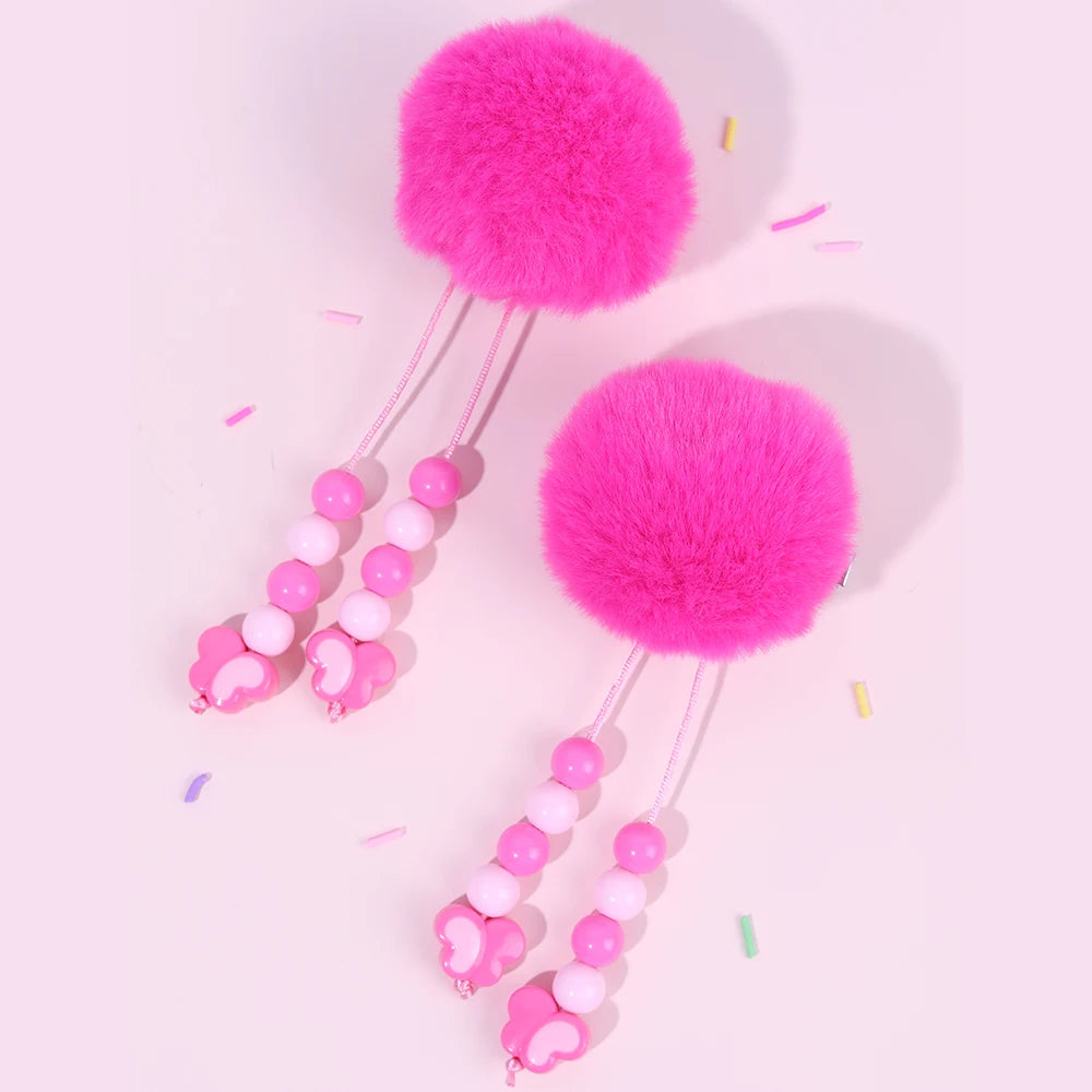 2Pcs Pom-Pom Hairpins Cute Fluffy Ball Hair Clips With Butterfly Beads Dangle Barrette For Girls Children Headwear Accesories