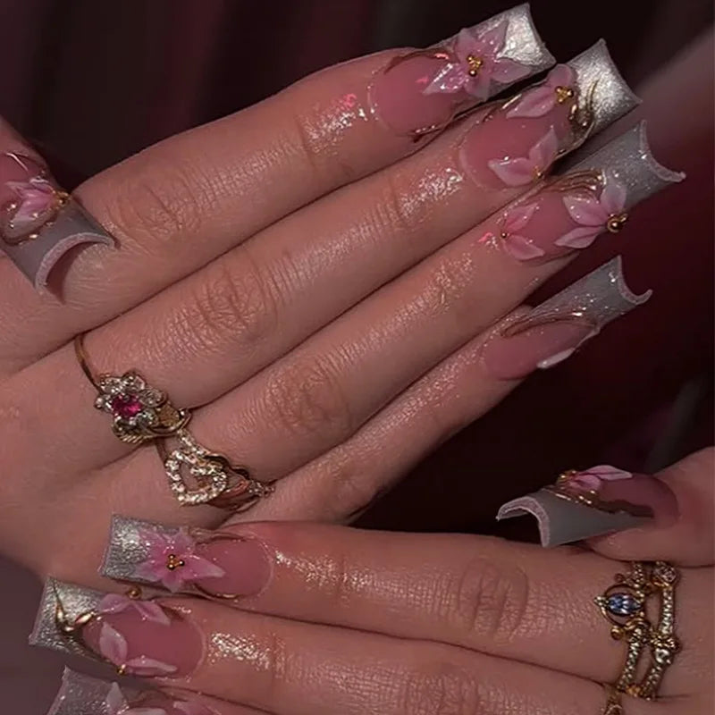 24Pcs Sweet Medium Square False Nails with Glue Blush Pink Flowers Fake Nails Full Cover French Acrylic Press on Nails for Girls