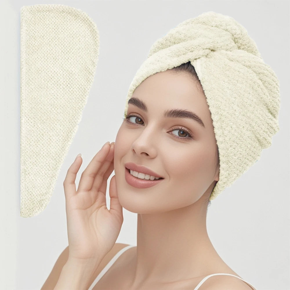 Toalla de Pelo de Color Liso Gorro Texturizado para Cabello Seco 25 x 65 cm Envoltura de Toalla Absorbente para Cabello con Botón para Mujeres
