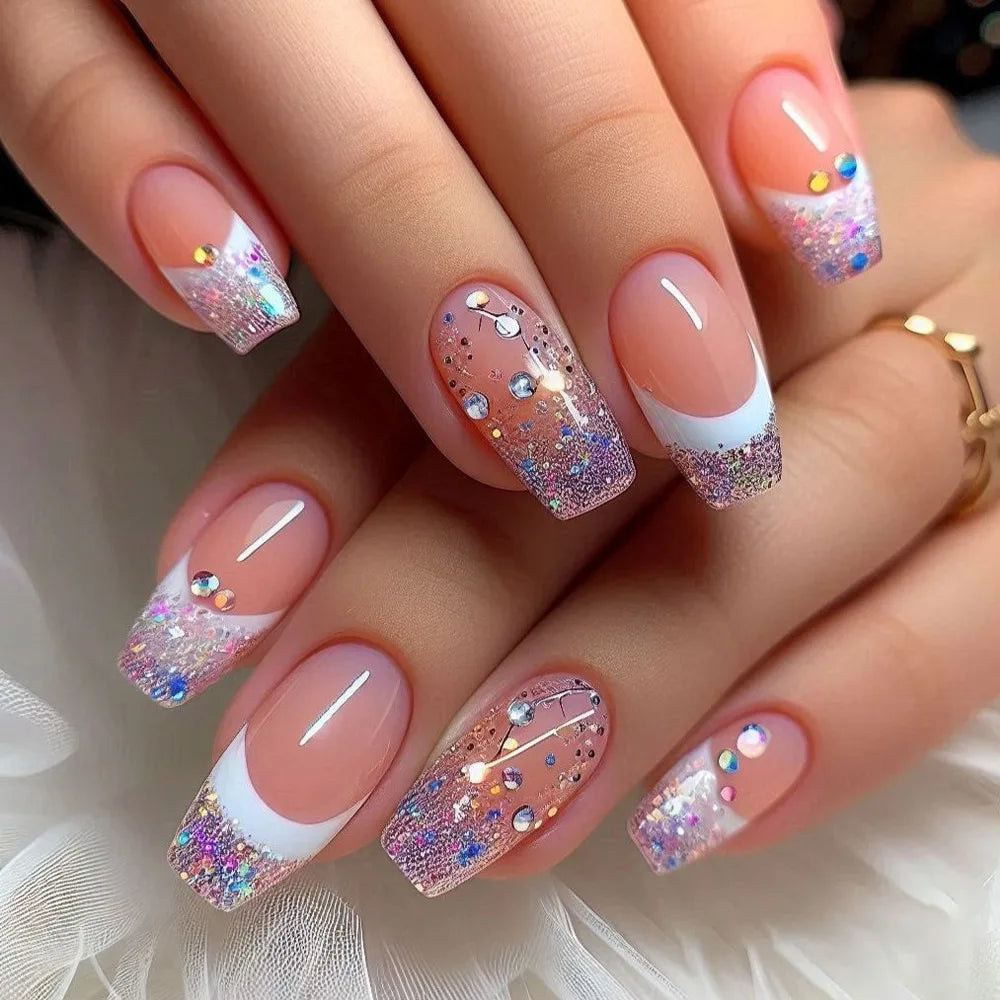 24Pcs Short Square Coffin False Nails Square Fake Nails with Glue French Glitter Wearable Acrylic Nails Set Press on Nail Tips