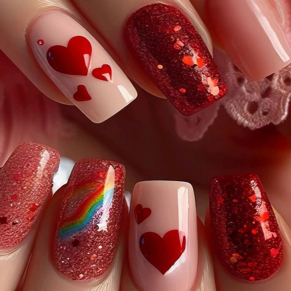 24Pcs Short Square Coffin False Nails Square Fake Nails with Glue French Glitter Wearable Acrylic Nails Set Press on Nail Tips