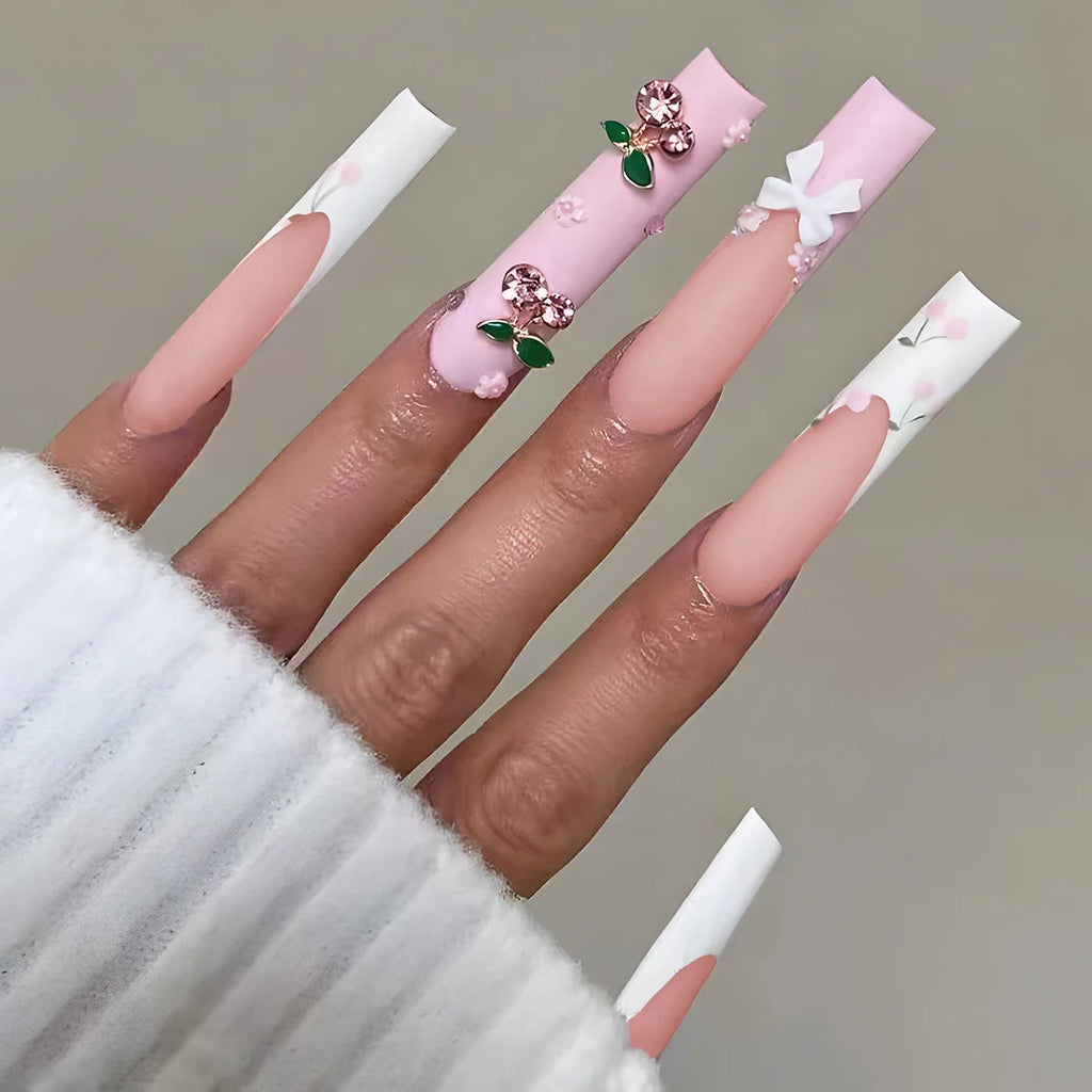 24Pcs Long Square Press on Nails Leopard Print French 3D Cherry Design False Nail Rhinestone Wearable Full Cover Fake Nails Tips