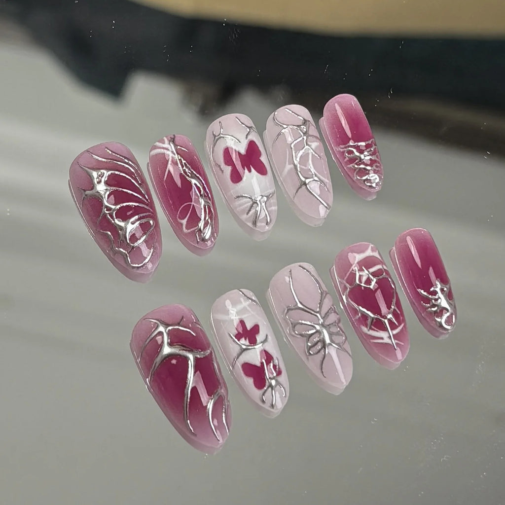 24PCS Medium Almond Press On Nails Wine Red Cute Cartoon Rabbit Bowknot Plaid Pearl False Nails Kawaii Nails Full Cover Wearable