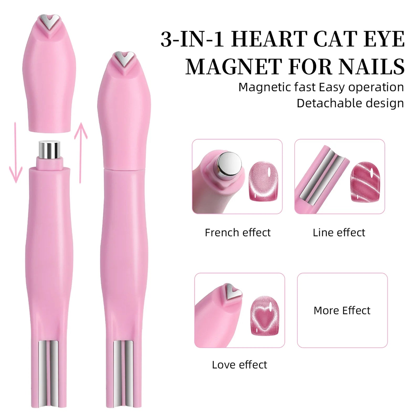 1Pcs 3-In-1 Heart Shape Cat Eye Nail Art Magnet Double Line Moon Snake French Magnet Pen for Magnetic Gel Polish Manicure Tools