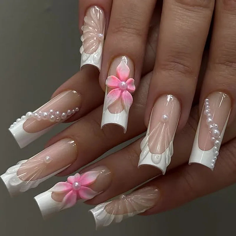 24Pcs Sweet Medium Square False Nails with Glue Blush Pink Flowers Fake Nails Full Cover French Acrylic Press on Nails for Girls