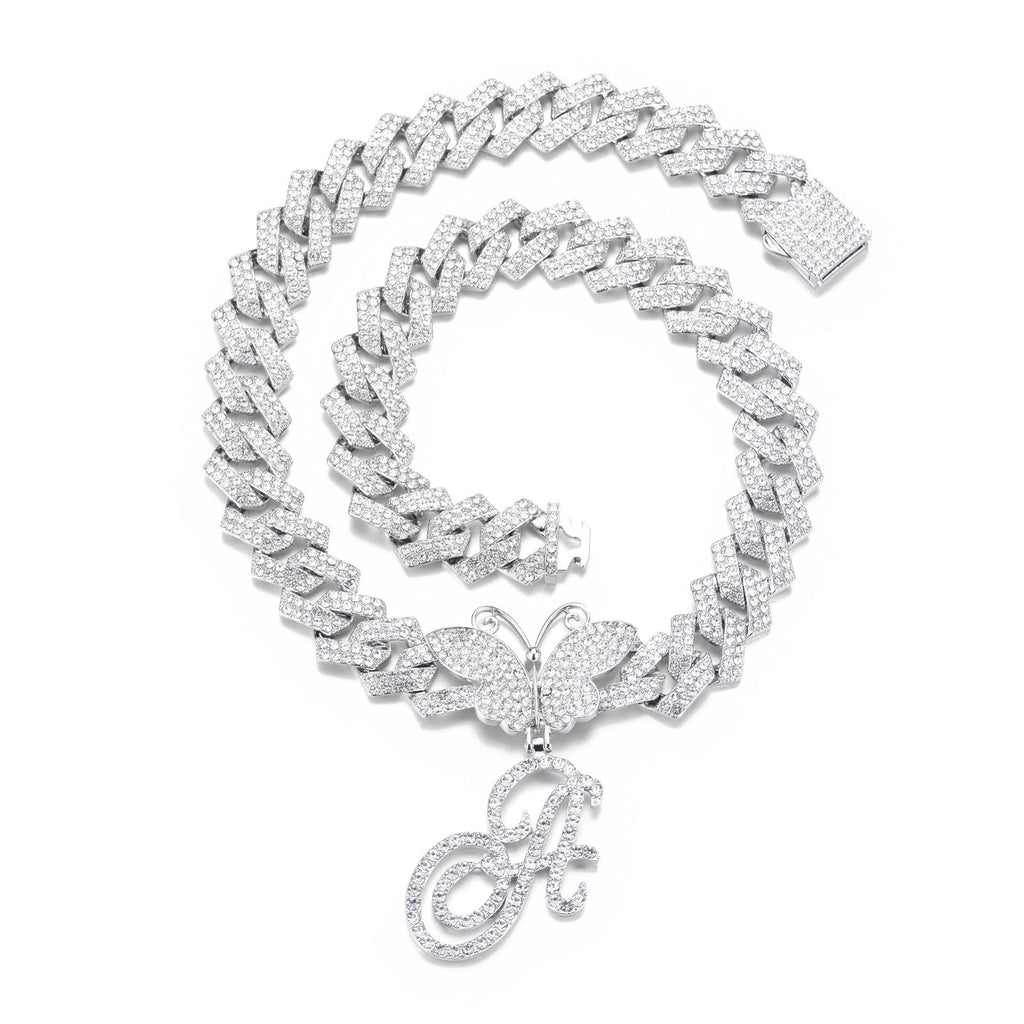 Cadena cubana de 18 pulgadas con colgante de mariposa y letra, cadena cubana con diamantes completos, cadena gruesa exagerada personalizada, joyería de hiphop.