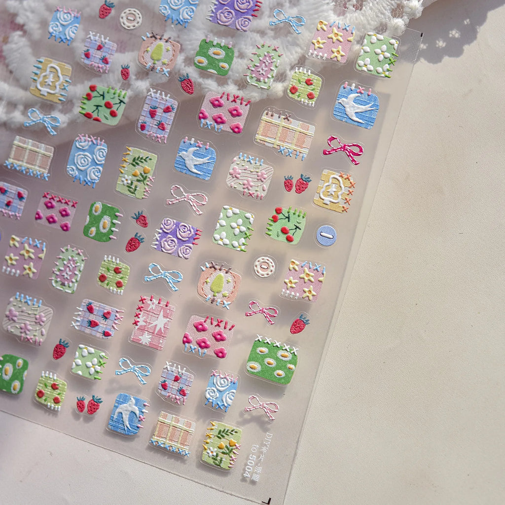 1Sheet 5D Soft Embossed Relief Nail Stickers Cute Daisies Self Adhesive Slider Stickers Press On Nails DIY Japanese Nail Art Dec