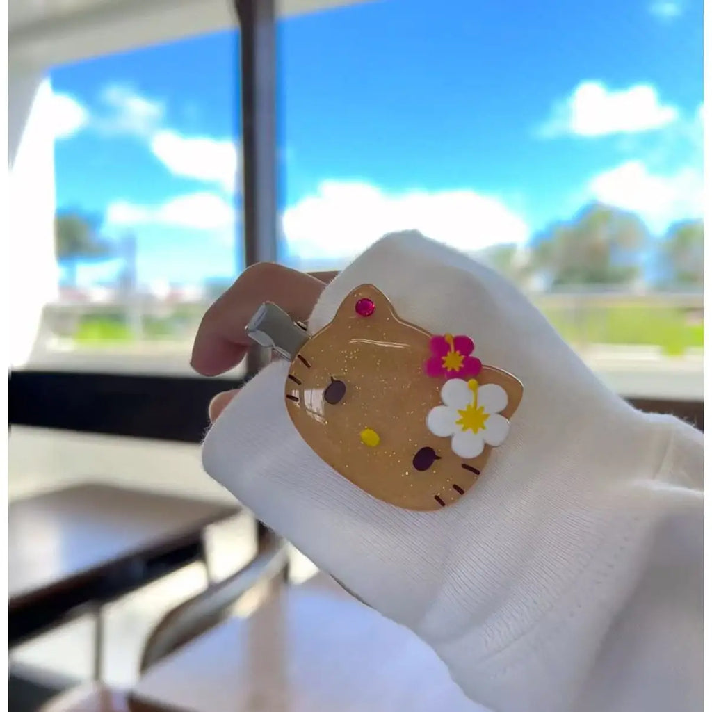 Fashion Sanrio Summer Hawaiian Black Leather Kitty Hair Clip Cute Girly Hello Kitty Side Hair Card Clip Jewelry