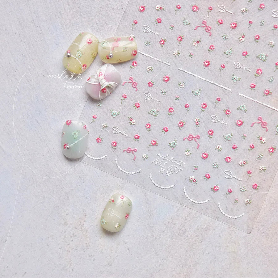 1Sheet 5D Soft Embossed Relief Nail Stickers Cute Daisies Self Adhesive Slider Stickers Press On Nails DIY Japanese Nail Art Dec