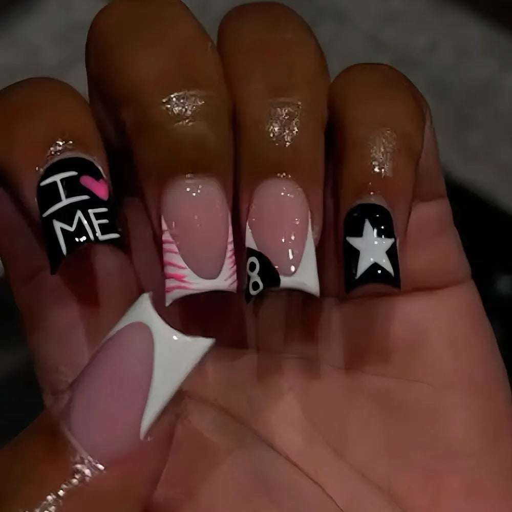 24pcs Long Ducknail Black French Tip Press On Nails 3D Alloy Cross, Snake-Shaped Decoration With Rhinestone Design Fit Perfectly