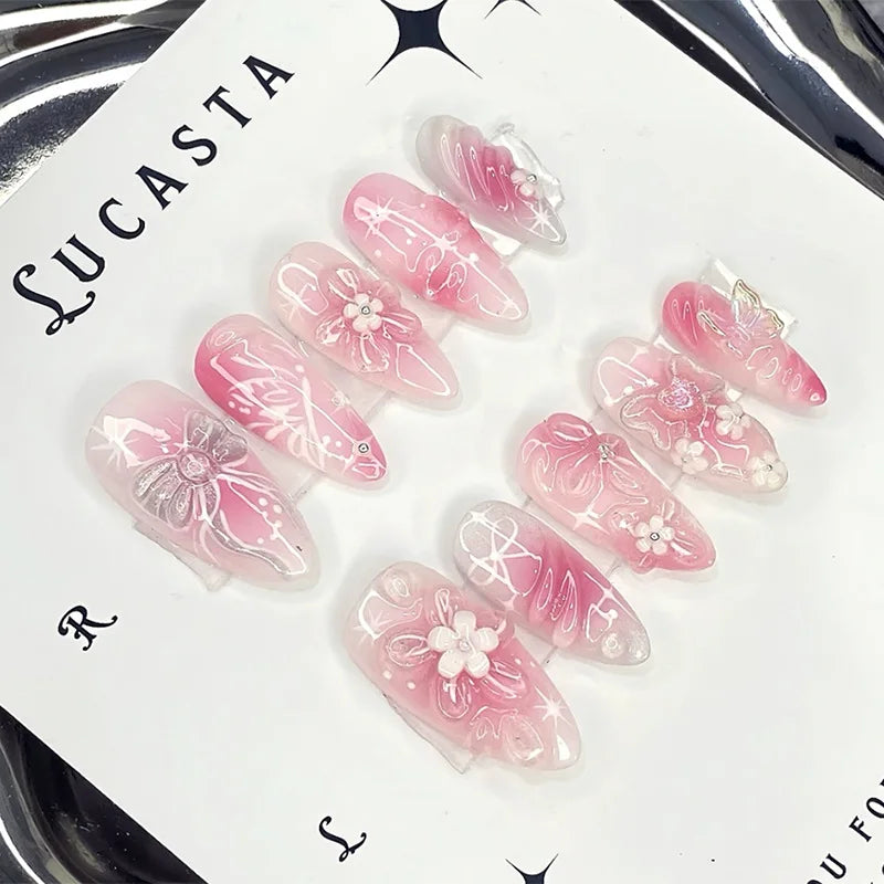 24Pcs Pink Jelly Long Stiletto 3D Flower Pearl Glazed Glass Press On Nails Sweet Style DIY Manicure