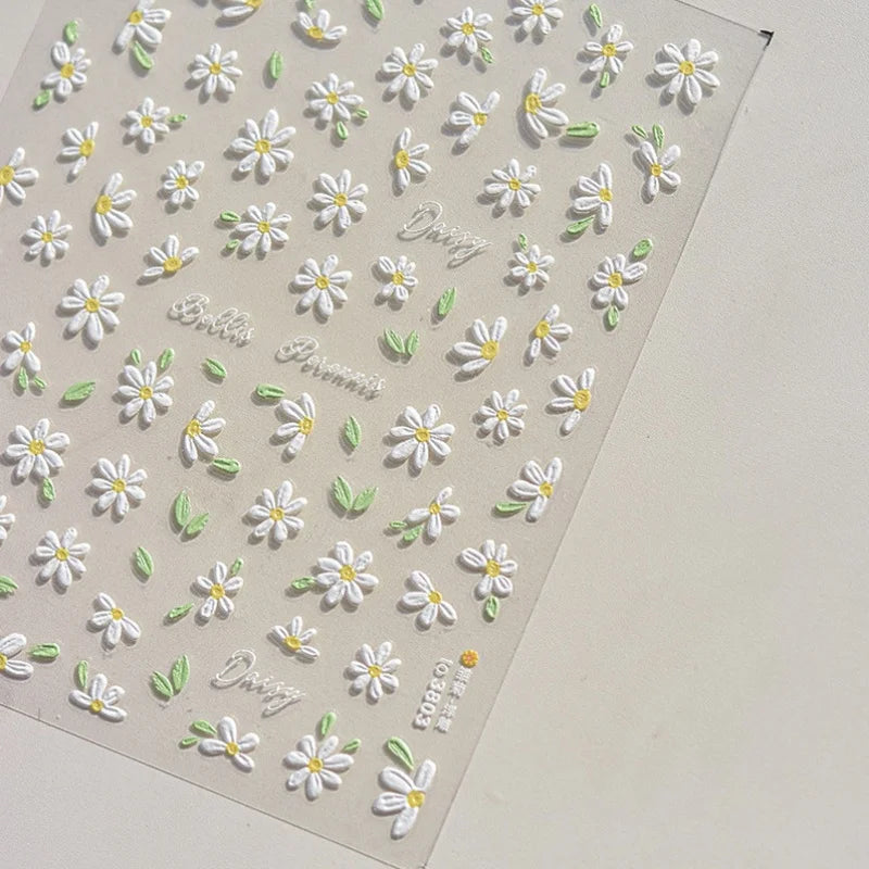 1Sheet 5D Soft Embossed Relief Nail Stickers Cute Daisies Self Adhesive Slider Stickers Press On Nails DIY Japanese Nail Art Dec