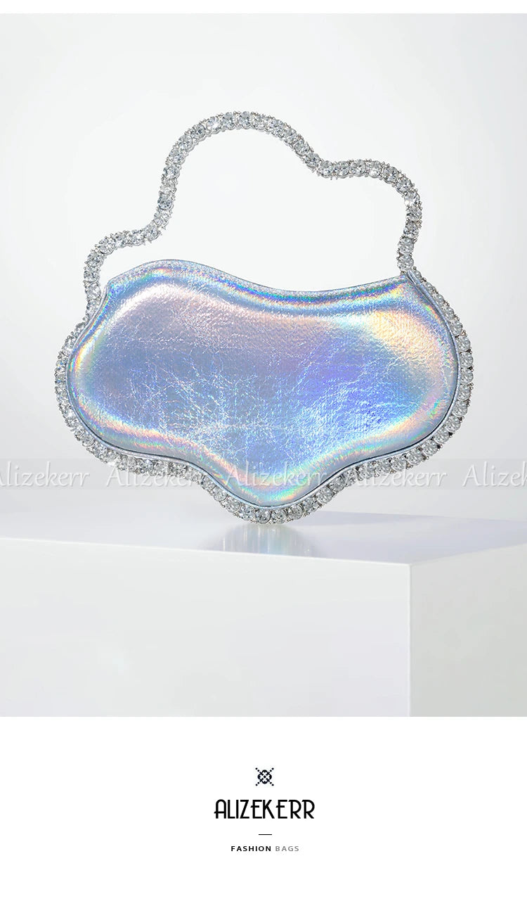 Metal Wavy Handle Diamond Evening Bags Women Elegant Boutique Crystal Colorful Laser Clutch Purses And Handbags Wedding Party