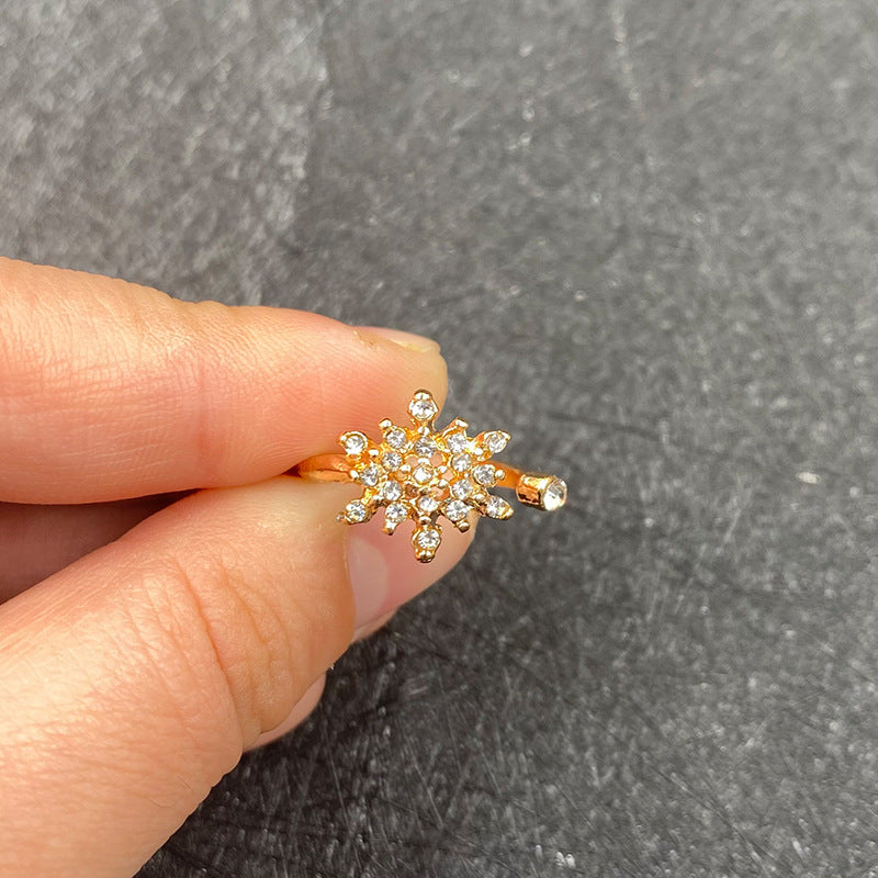 Snowflake Ring Statement Gold Plated Silver Micro-Set Rhinestone Jewelry