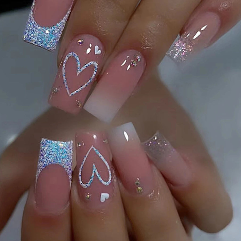 24 pieces of gentle nude long press-on nails (square shape), paired with 1 piece of jelly glue and 1 nail file