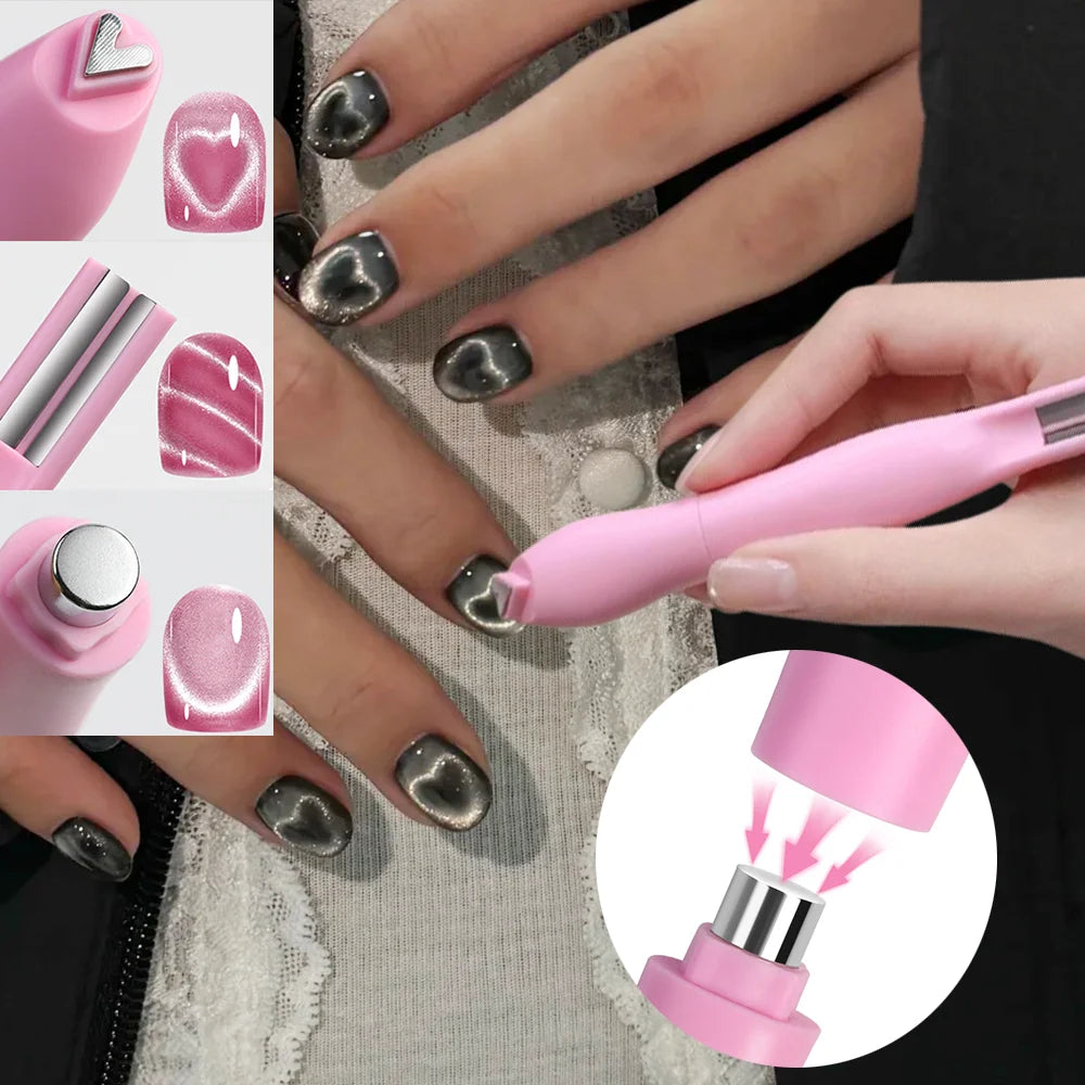 1 Unidad Imán 3 en 1 con Forma de Corazón para Uñas Ojo de Gato, Doble Línea, Luna, Serpiente, Pluma Magnética Francesa para Esmalte en Gel Magnético, Herramientas de Manicura
