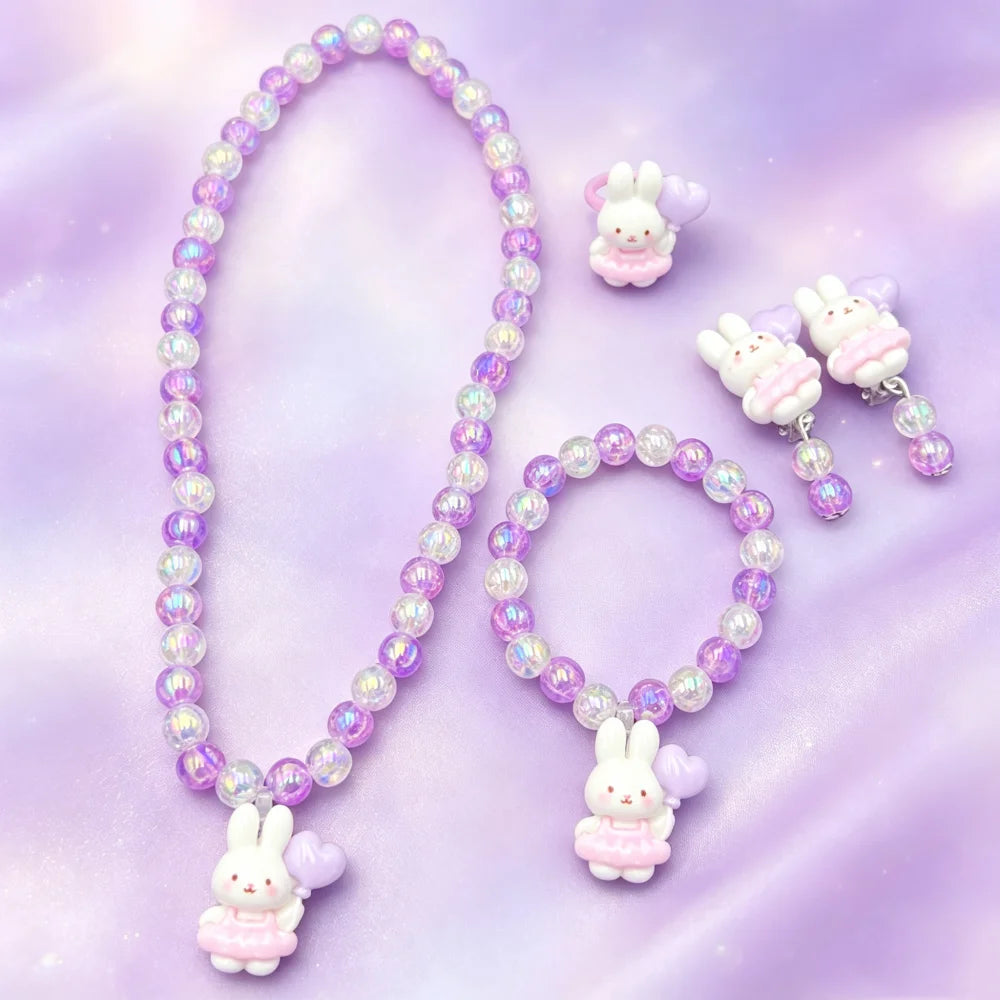 1 Set Handcrafted Unicorn Kids Beaded Jewelry set Cute Animal Necklace Bracelet Ring and Hair Clips Set for Little Princess Gift
