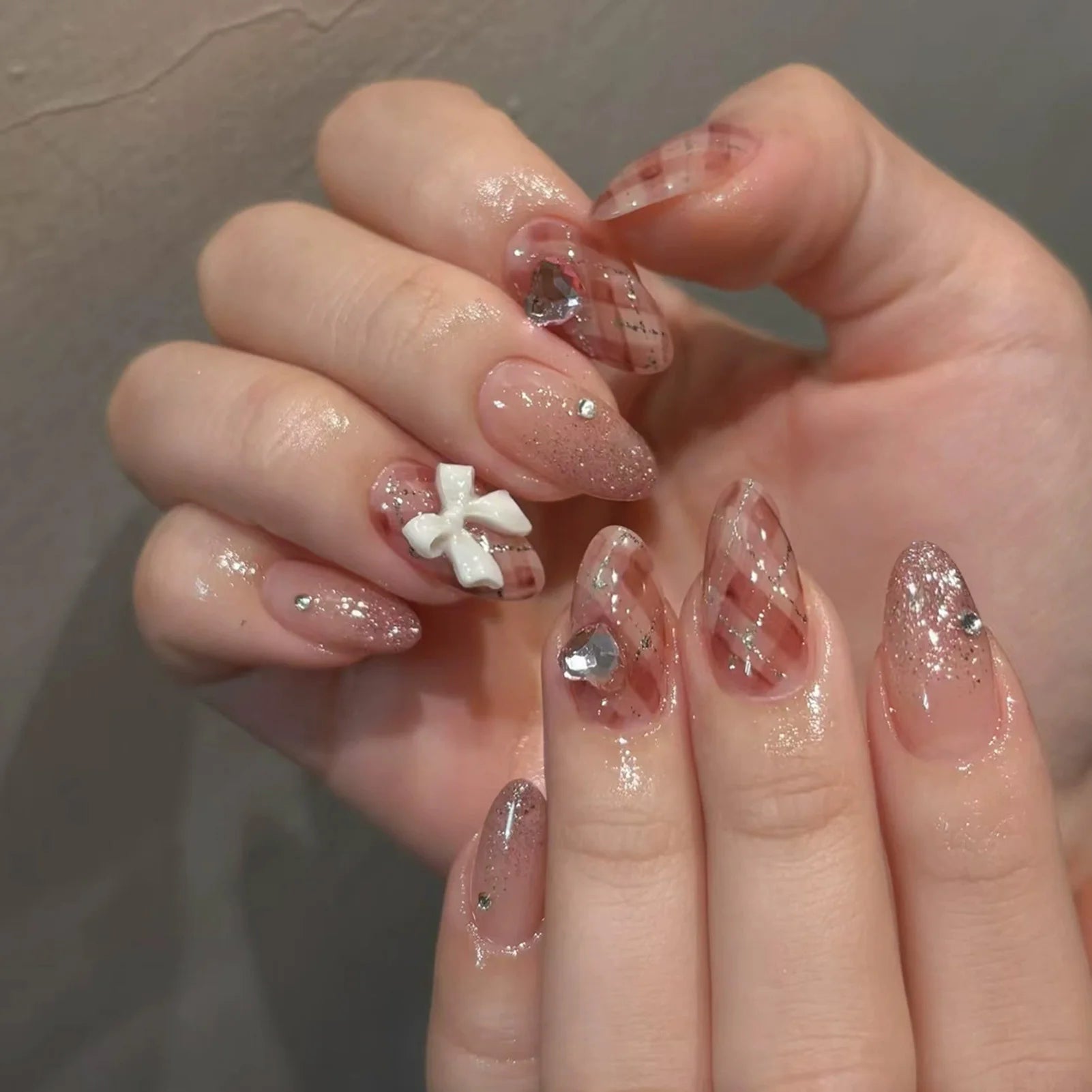White French Press on Nails 3D Bowknot Fake Nails Tips Full Cover Wearable False Nails for Women and Girls DIY Manicure 24Pcs