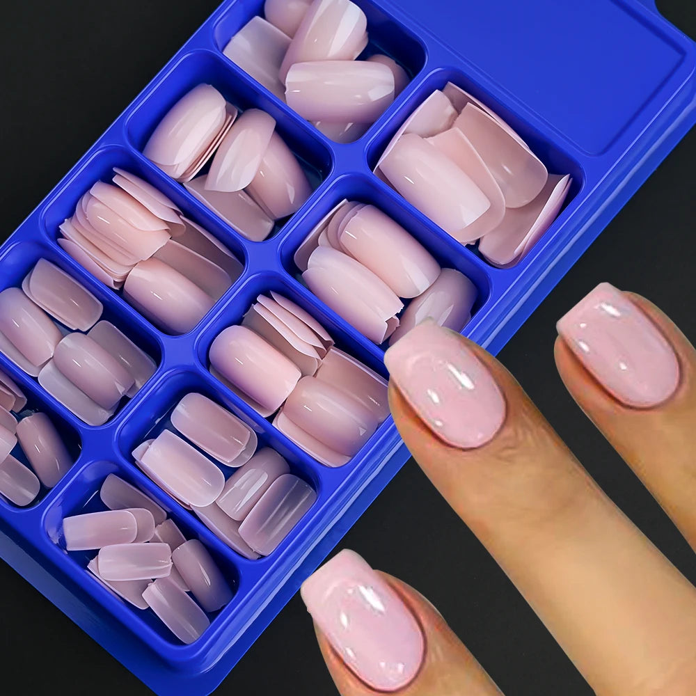 100Pcs Light Pink Press on Nails Short Medium Square Wearable Fake Nails Tips 10 Sizes Full Cover False Nails Finger Decoration