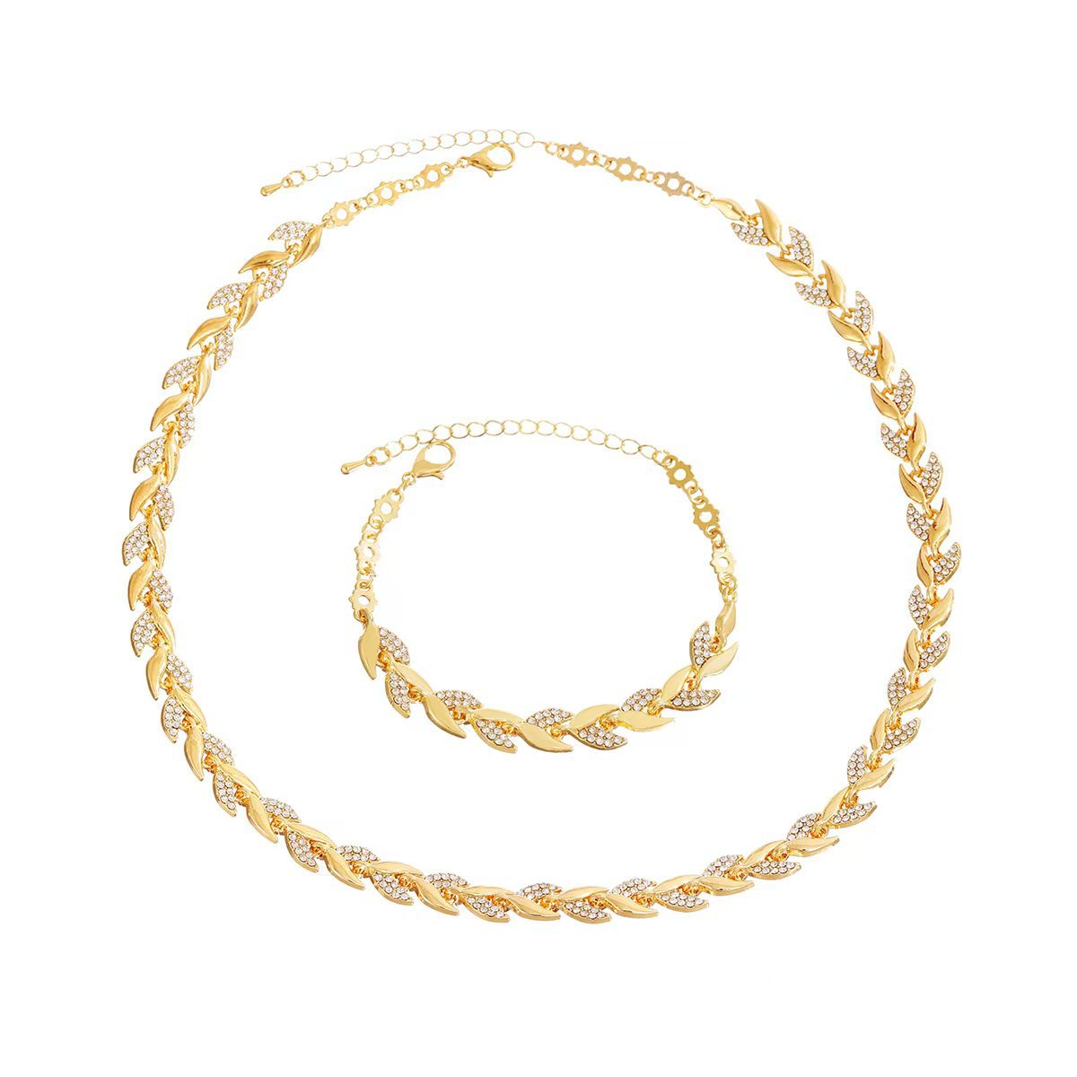 Fashionable European &amp; American Style Luxury Leaf-Shaped Rhinestone Bracelet and Necklace Set, Sparkling Mermaid Full Rhinestone Party Jewelry for Women