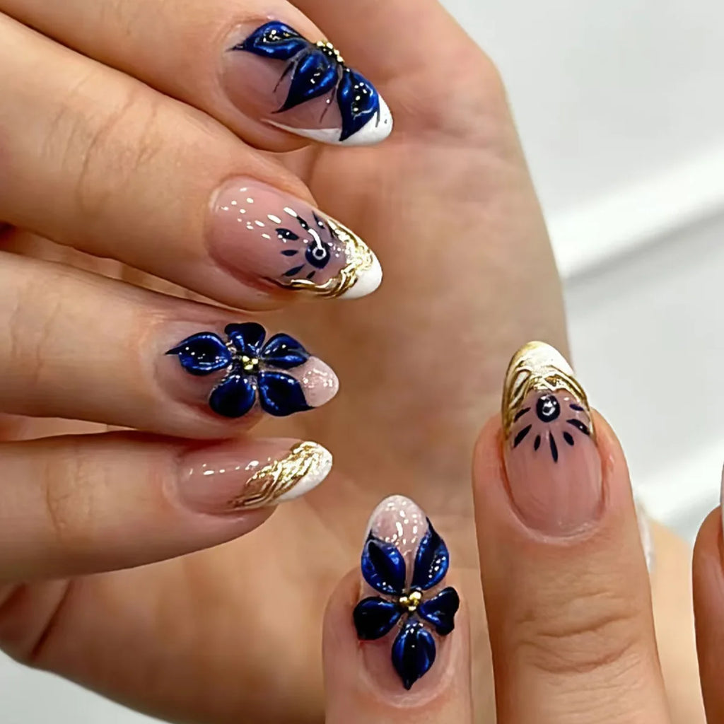 24PCS Pink Almond Press on Nails Full Cover Carved Flower 3D Ripples French Fake Nails for Women with Golden Pearl Wearable Nail