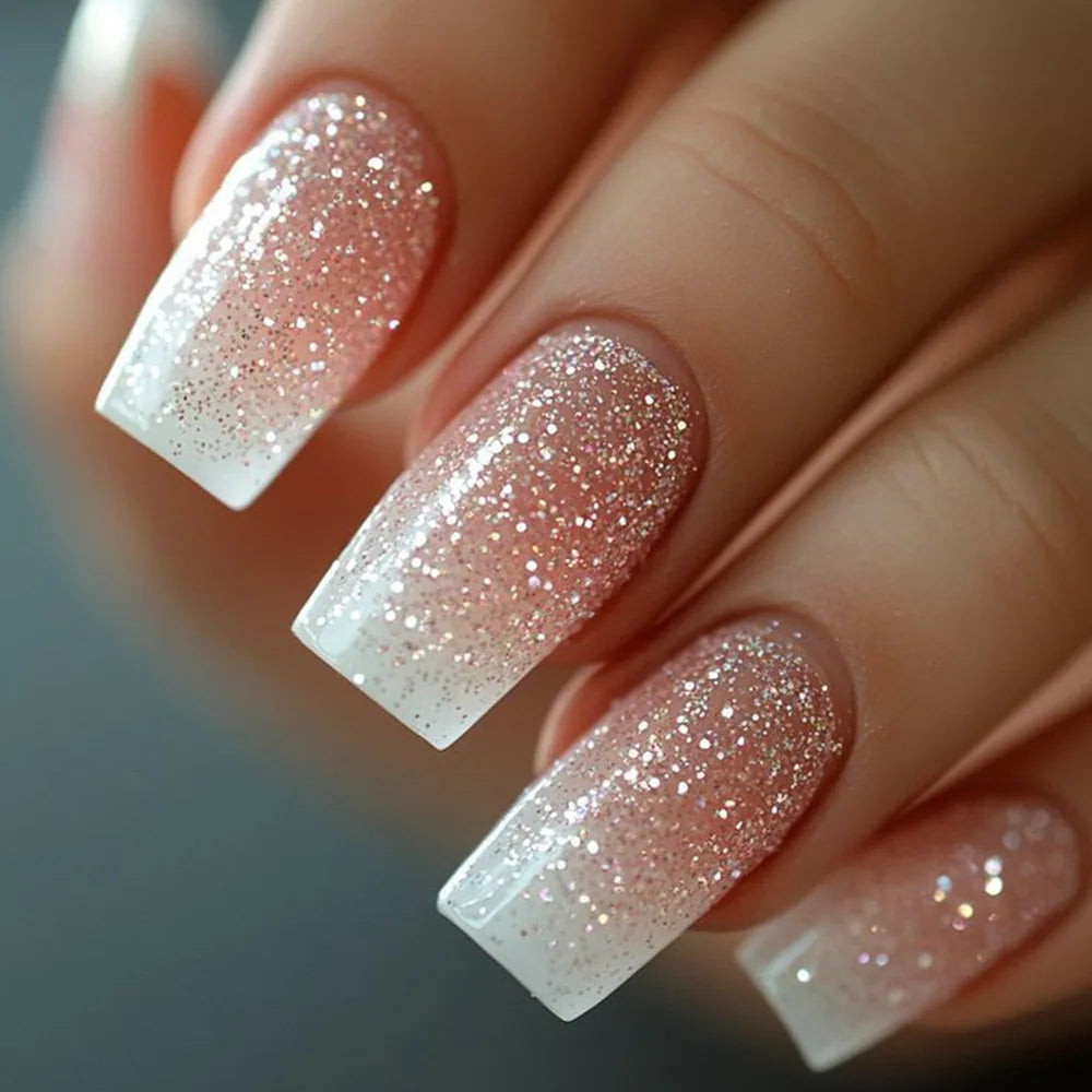24Pcs Short Square Coffin False Nails Square Fake Nails with Glue French Glitter Wearable Acrylic Nails Set Press on Nail Tips