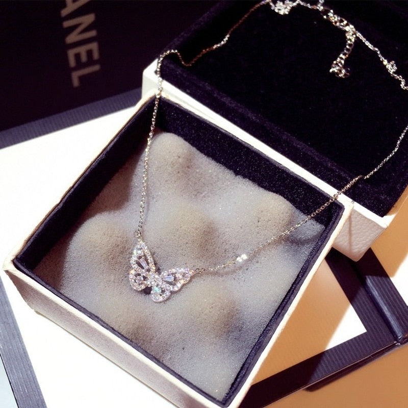 Cute Rose Gold Silver Color Butterfly Pendant Long Chain Necklace Choker for Women Fashion Jewelry New