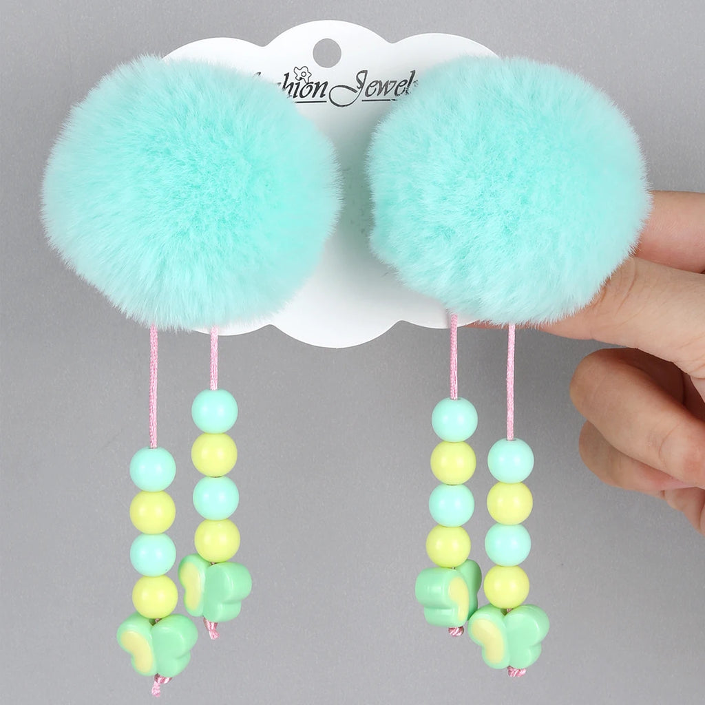 2Pcs Pom-Pom Hairpins Cute Fluffy Ball Hair Clips With Butterfly Beads Dangle Barrette For Girls Children Headwear Accesories