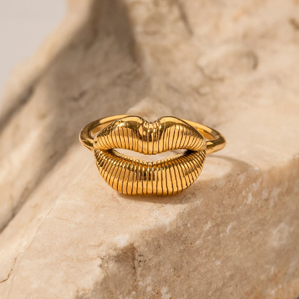 Anillos de dedo de acero inoxidable con diseño de labios de moda, chapados en oro, joyería occidental, regalo para mujer