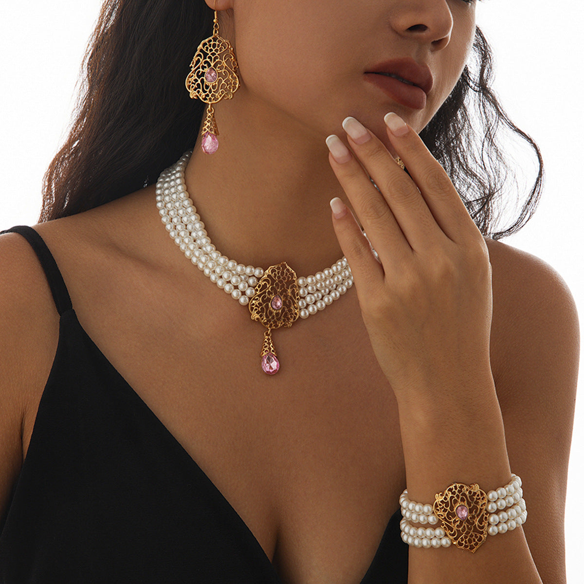 Light luxury square rhinestone necklace choker retro imitation pearl bead set necklace
