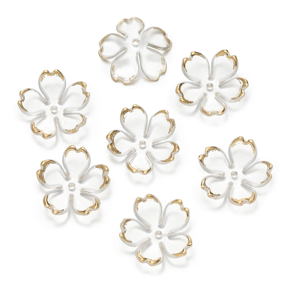 50pcs Cherry Blossoms Acrylic Beads Golden Brushed Patter Petals Charm Connector DIY Earrings Hair Jewelry Making Acessories