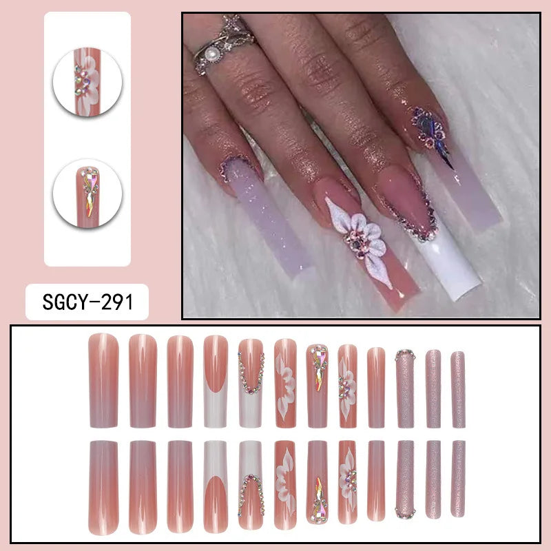 24 Pieces of Ultra Long Coffin Shaped press on nails French&gradient&flower Pattern 3D Butterfly Dot Diamond Glossy Fake Nails