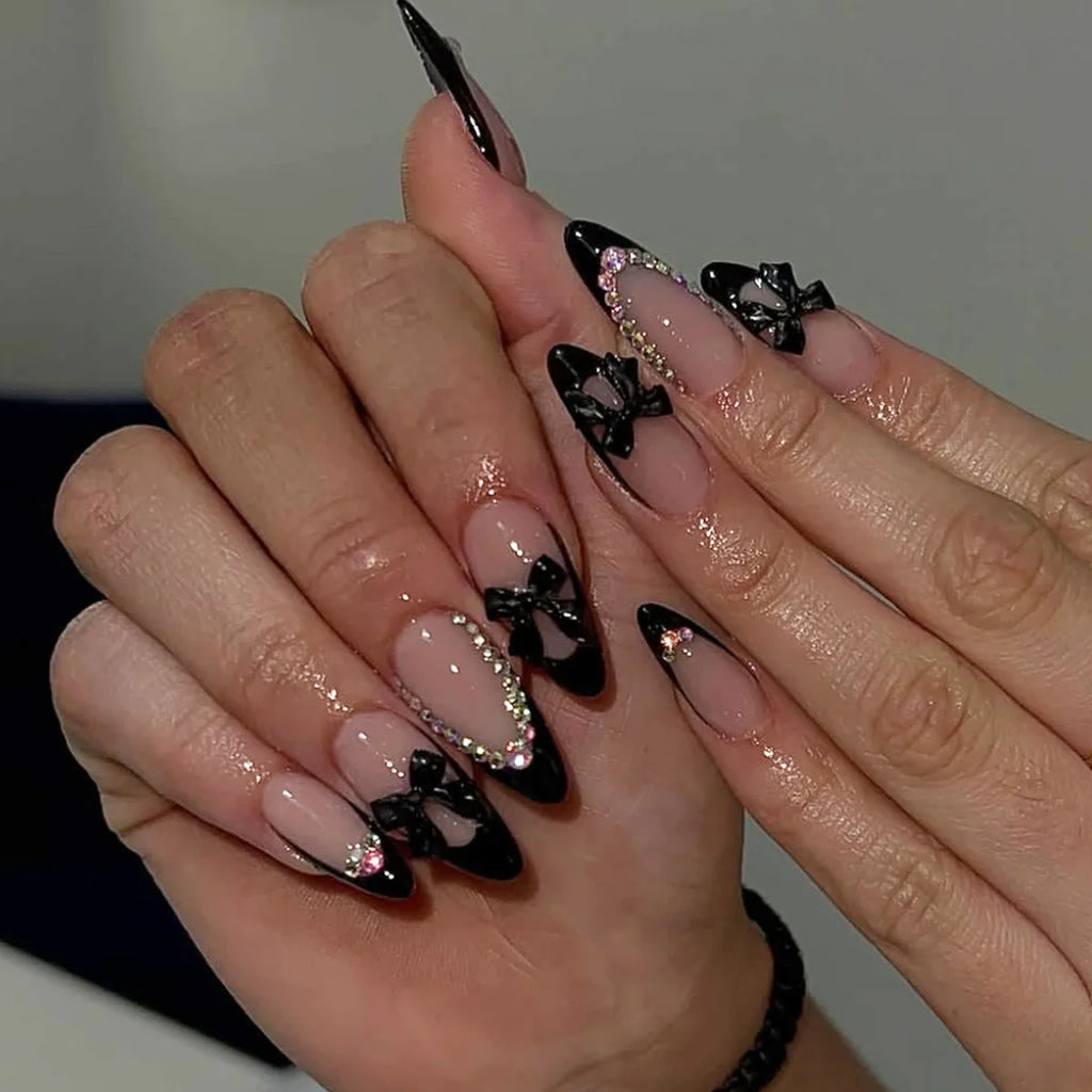 White French Press on Nails 3D Bowknot Fake Nails Tips Full Cover Wearable False Nails for Women and Girls DIY Manicure 24Pcs